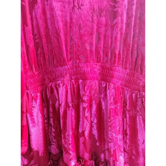 Eloquii Pink Magent Burnout Floral Velvet Ruffle Neck A-Line Smocked Dress sz 20 - Picture 10 of 13